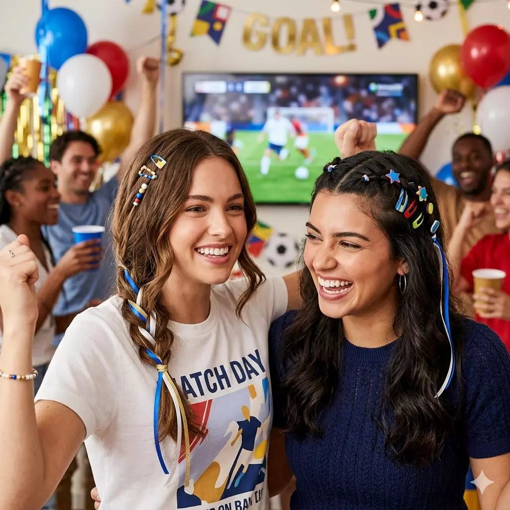 World Cup watch party hairstyles with ribbons, clips, braids, waves, and team color details
