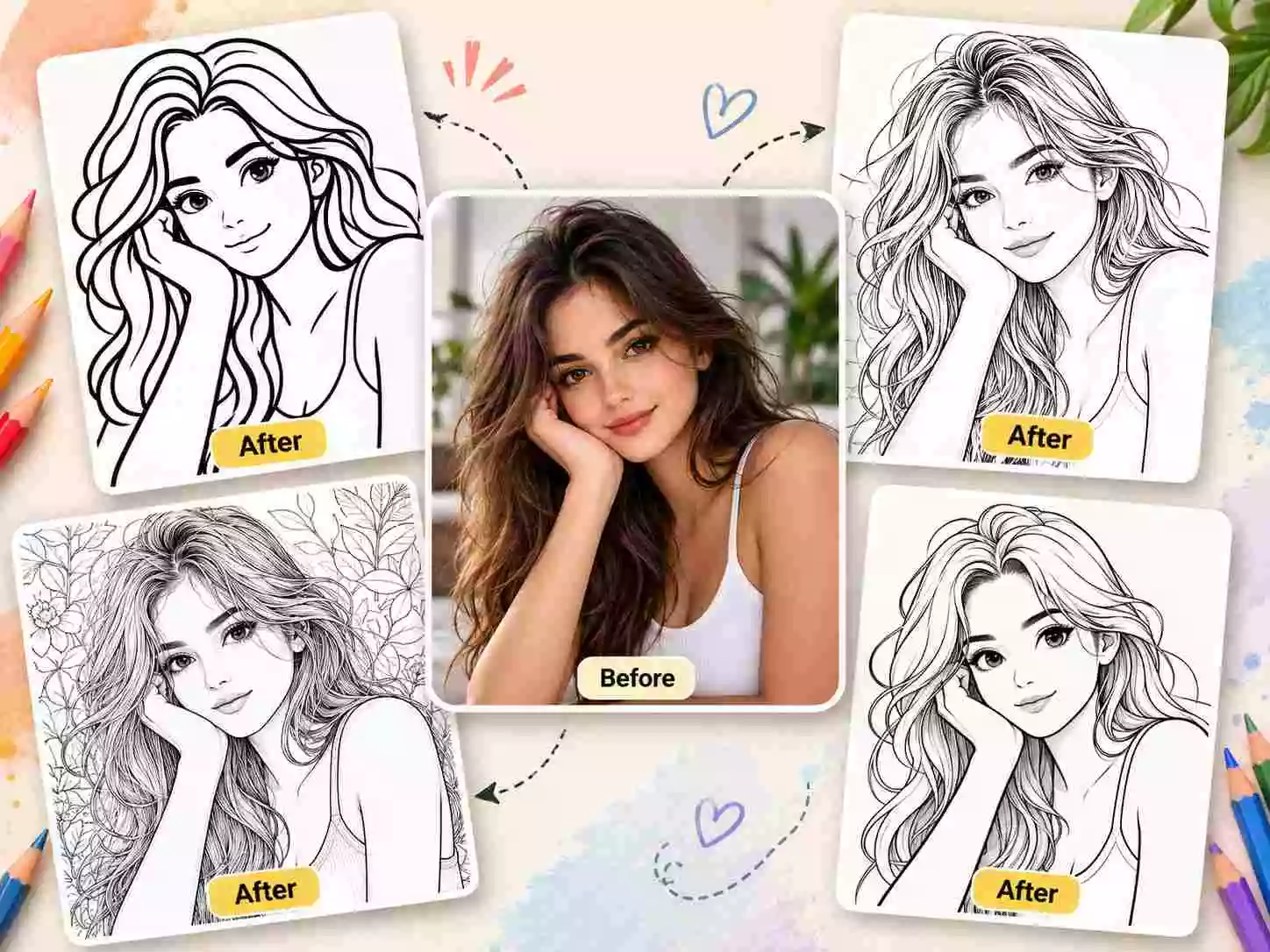 Multiple coloring page line art styles available