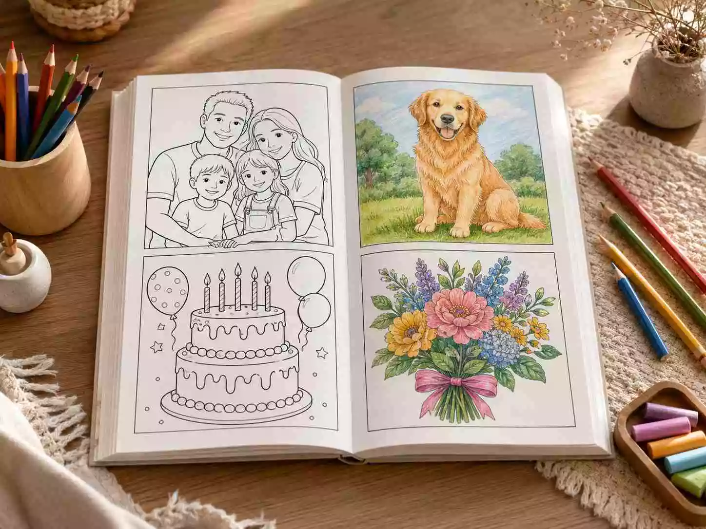 Photo to coloring page use cases for families, pets, teachers, and gifts