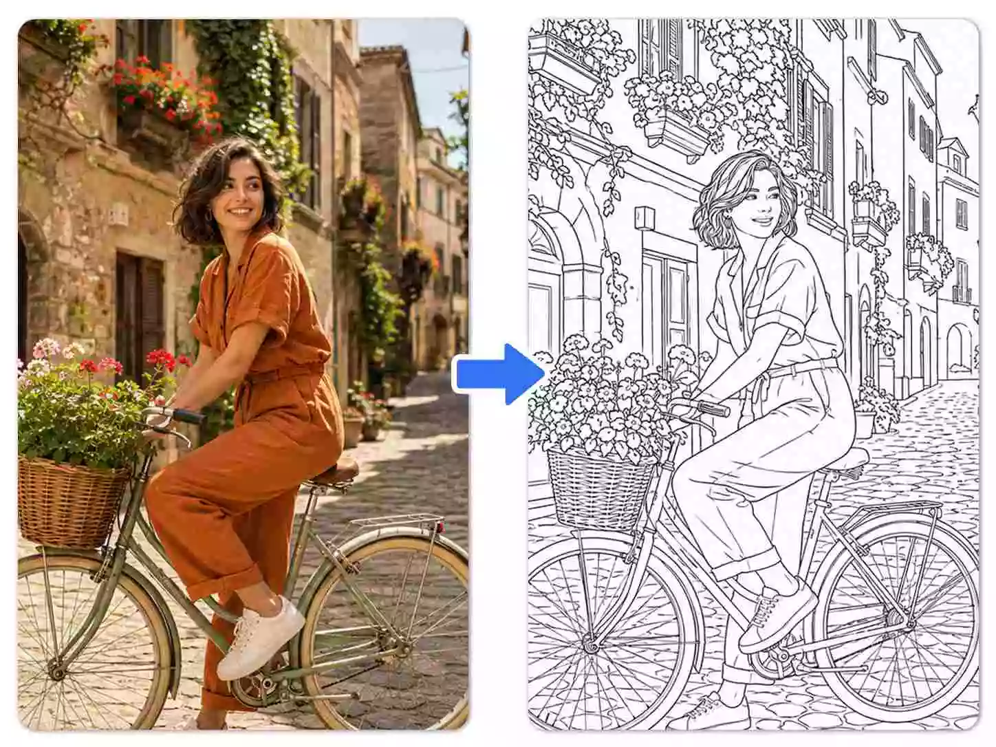 Portrait converted into a coloring page with AI photo to coloring page converter