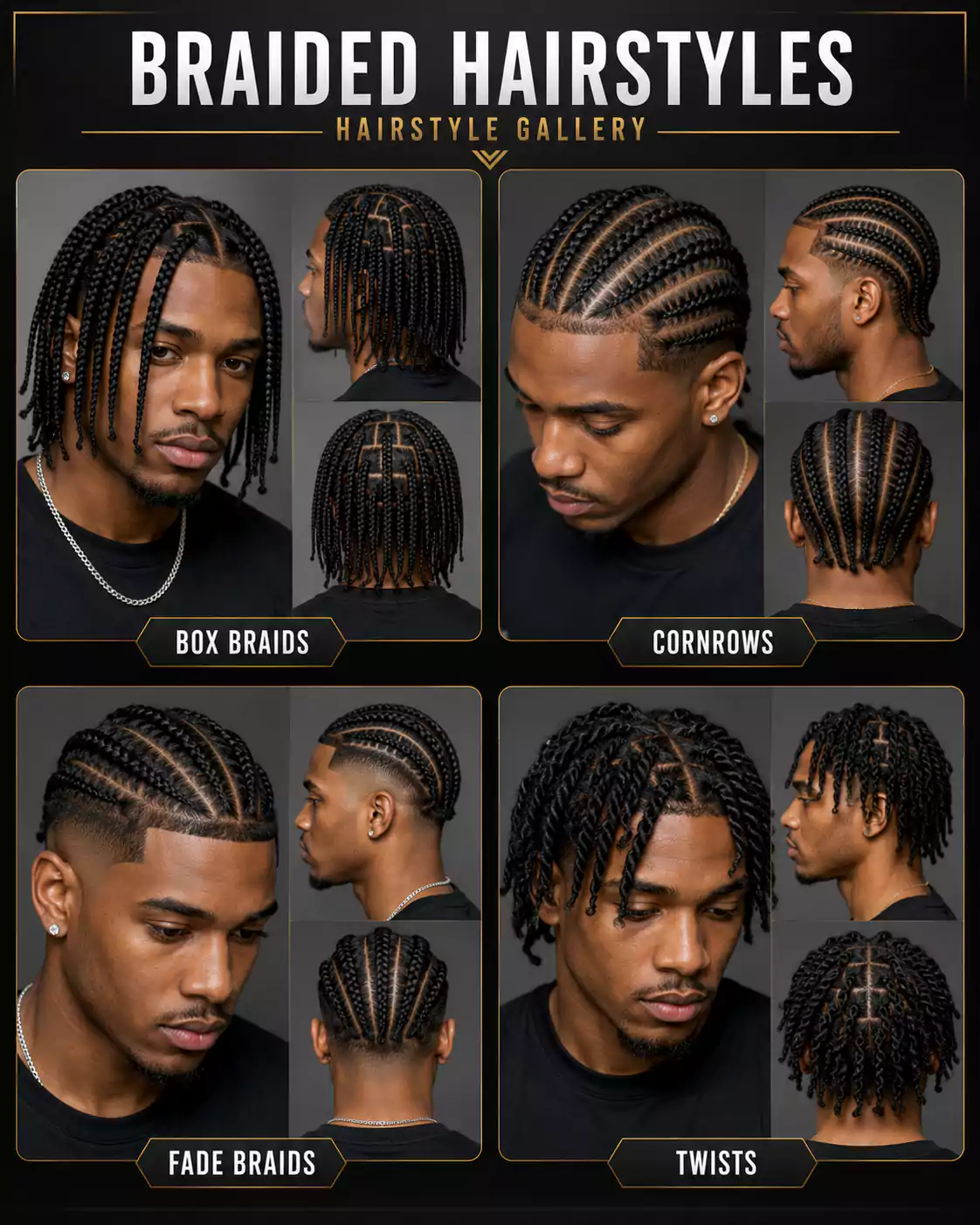 Black men braids styles gallery showing box braids, cornrows, fade braids and twist hairstyles