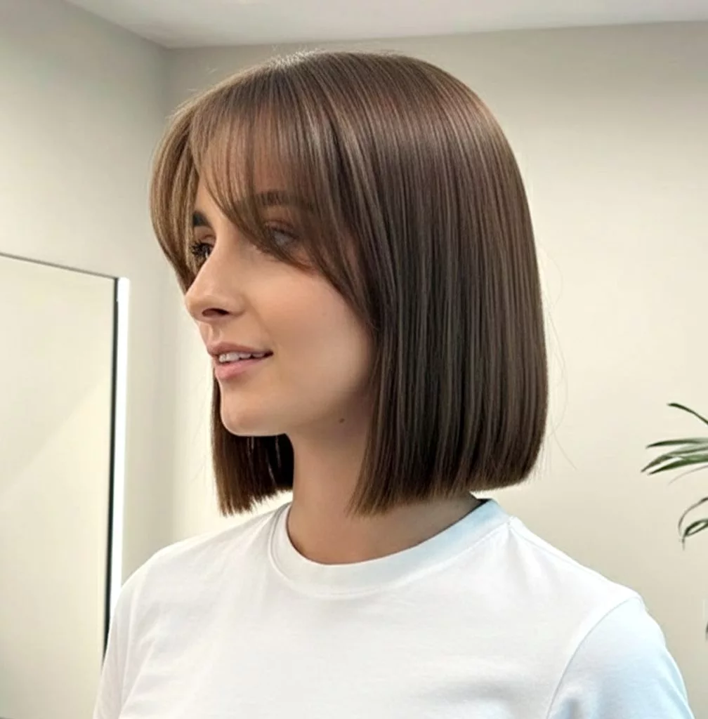 Blunt bob haircut with curtain bangs and crisp blunt ends for face framing
