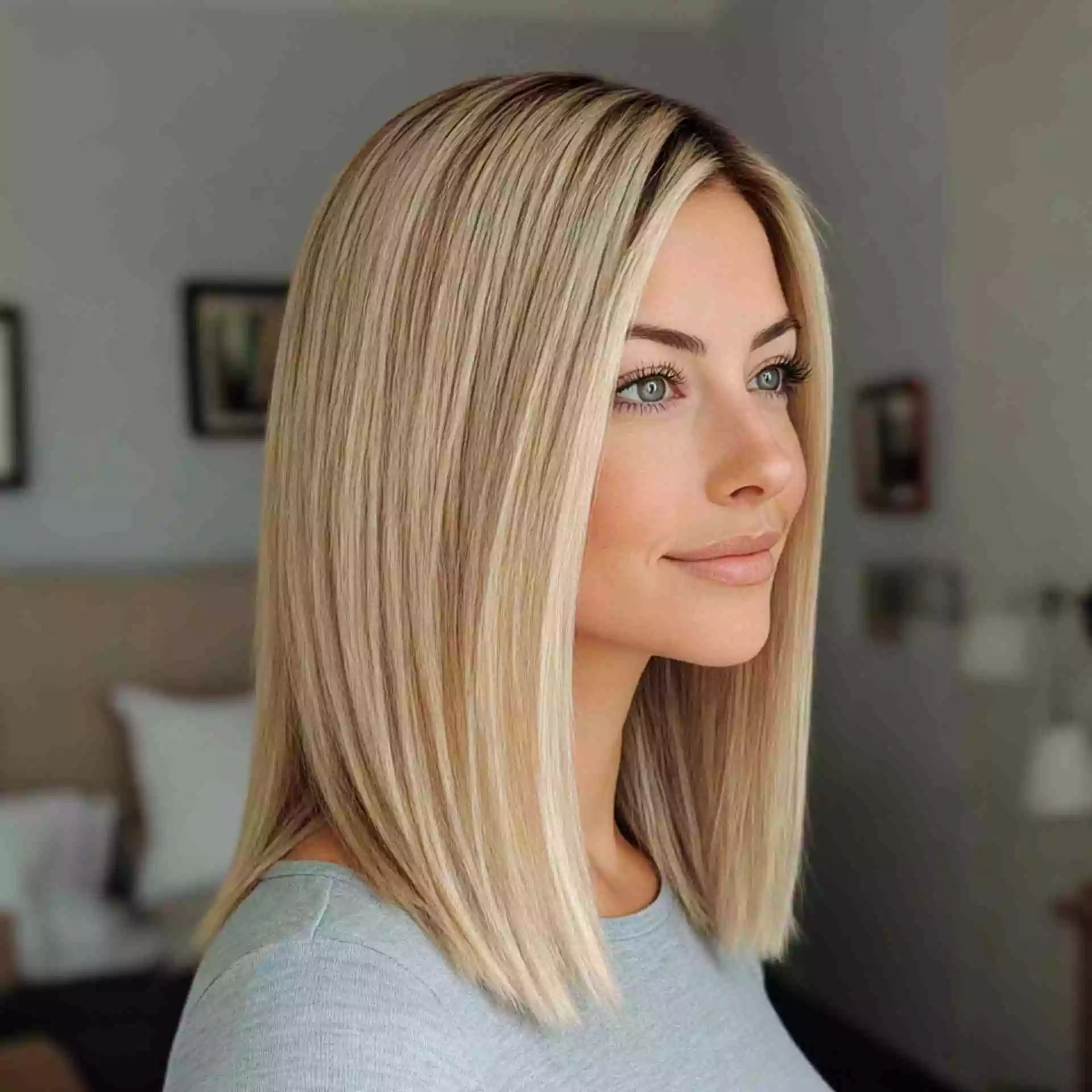 Blunt lob haircut (long blunt bob) with straight-across blunt ends at collarbone