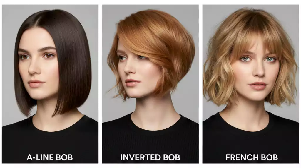 Side-by-side visual comparison of A-Line bob vs inverted bob vs French bob