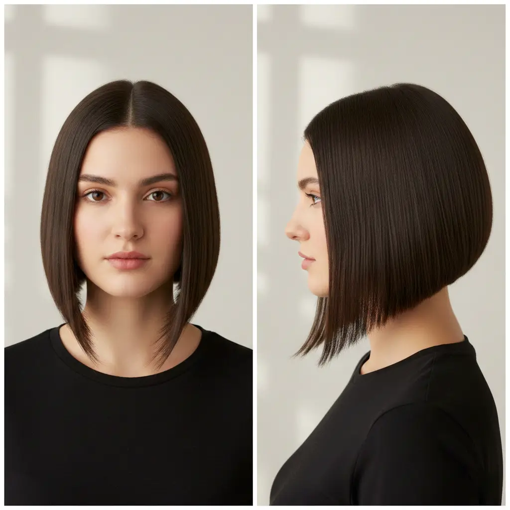 A-Line bob on round face showing slimming effect – front and side view