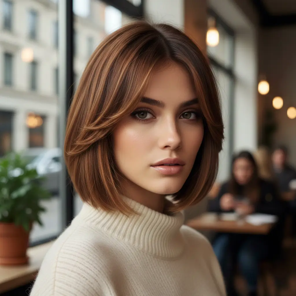 A-Line bob haircut with trendy curtain bangs