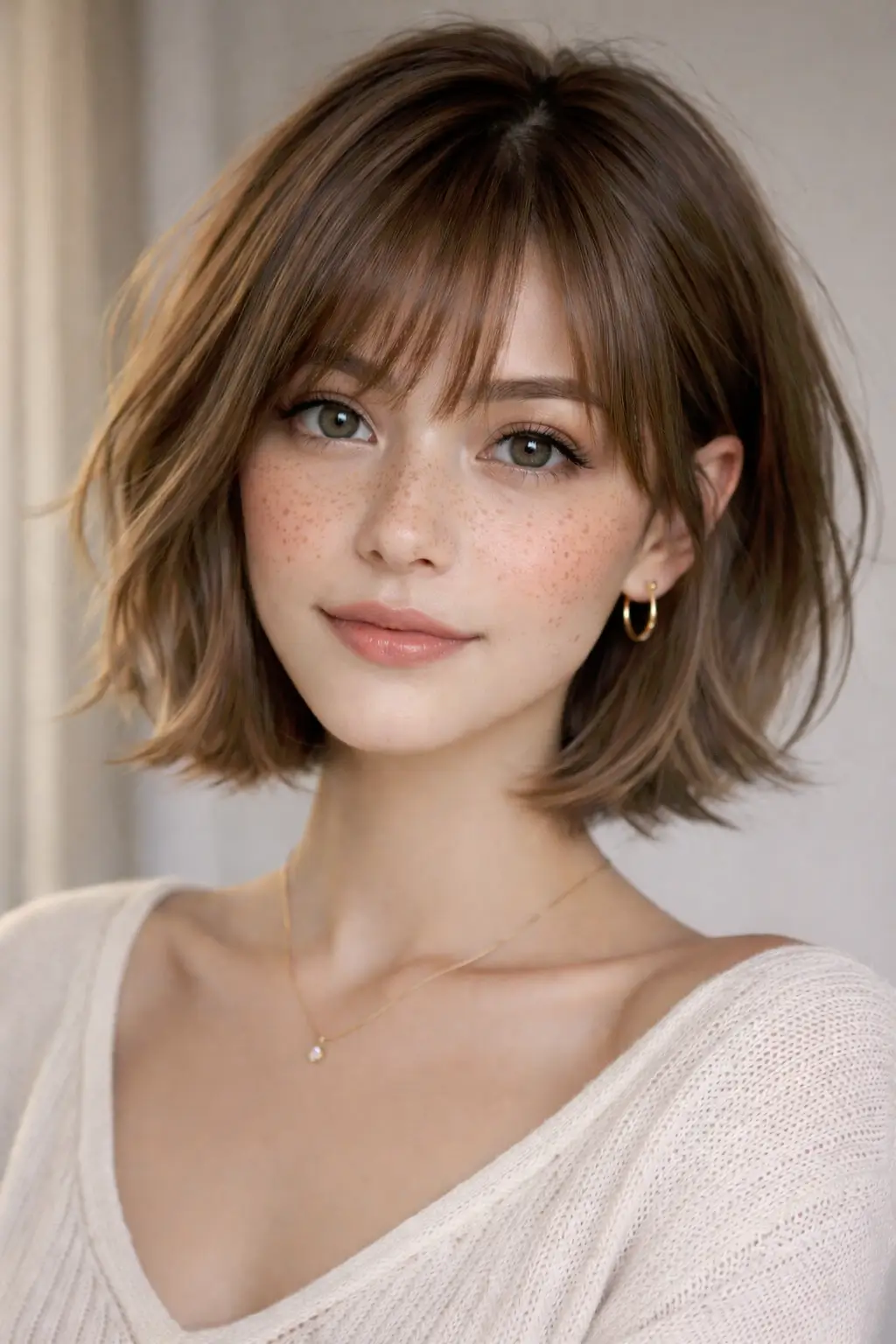 Bixie bob haircut with wispy bangs and soft face framing