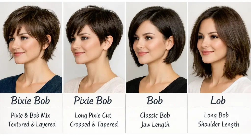 Comparison chart of bixie bob vs pixie bob vs bob vs lob hairstyles