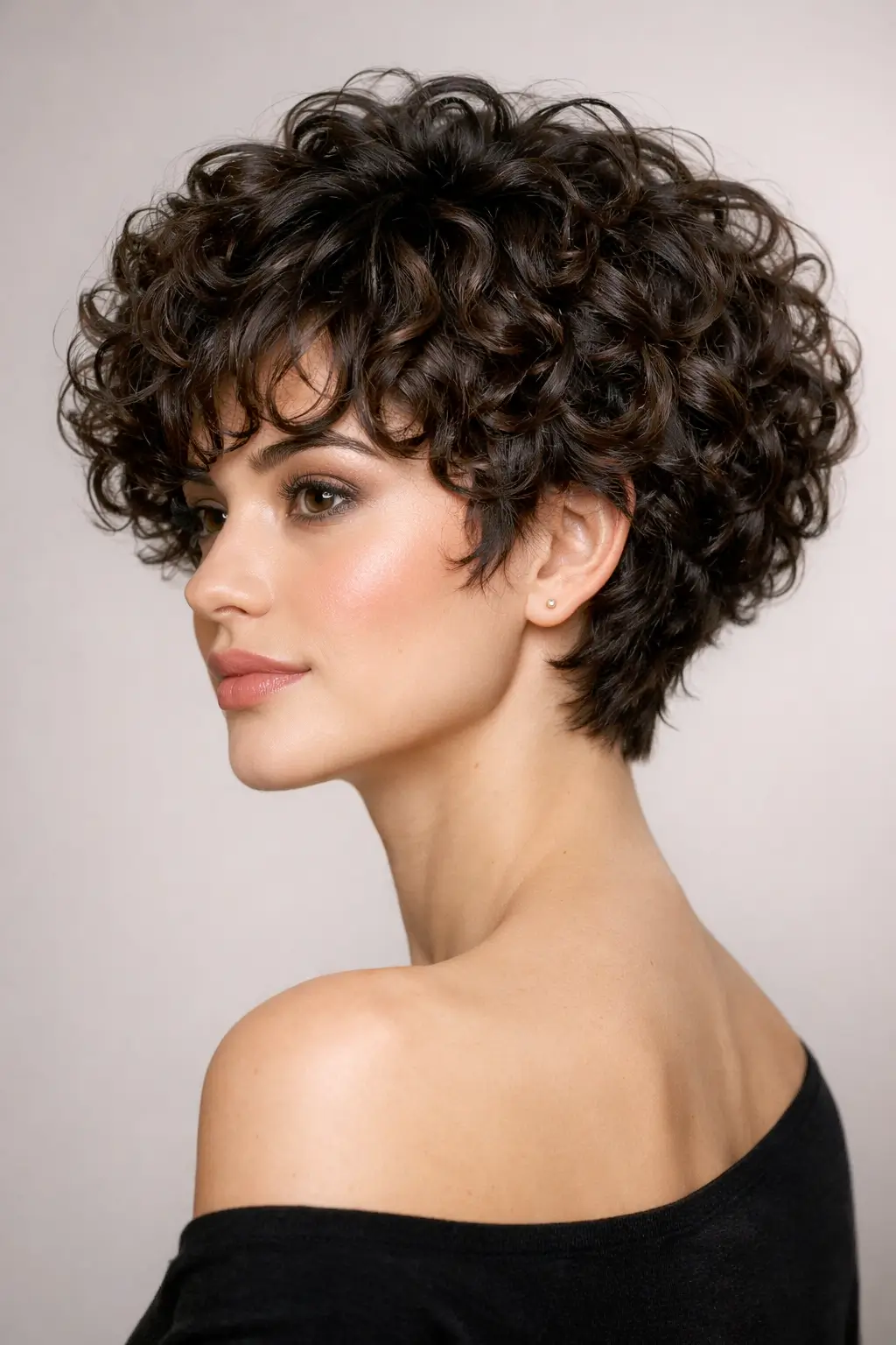 Curly bixie bob haircut with rounded silhouette and defined curls