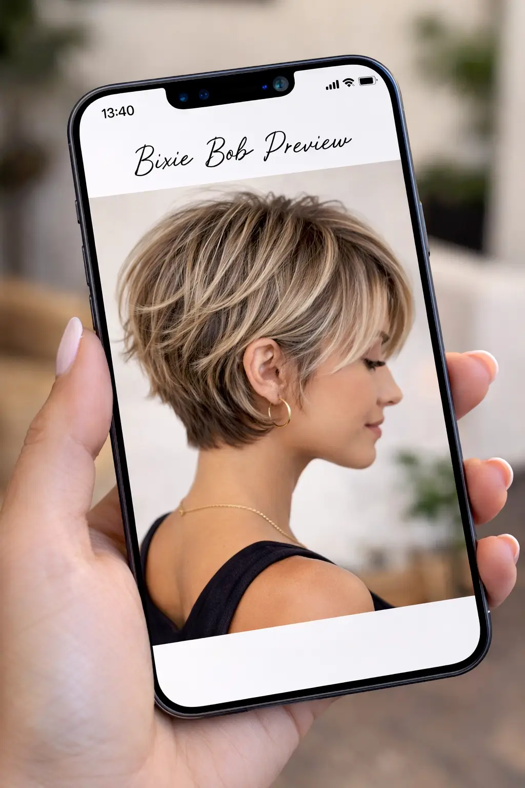 Bixie bob haircut preview on a phone showing textured layers and lifted crown