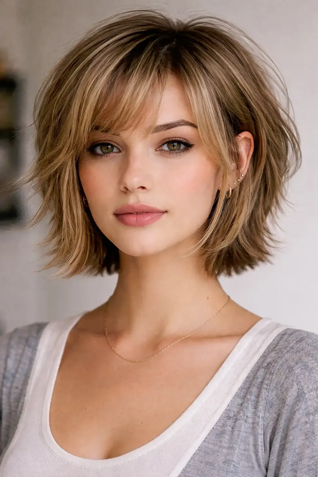 Long bixie haircut with bob-like perimeter and textured crown