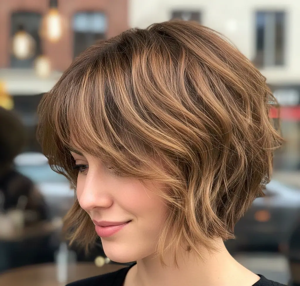 Textured bixie bob haircut with piecey layers and crown volume