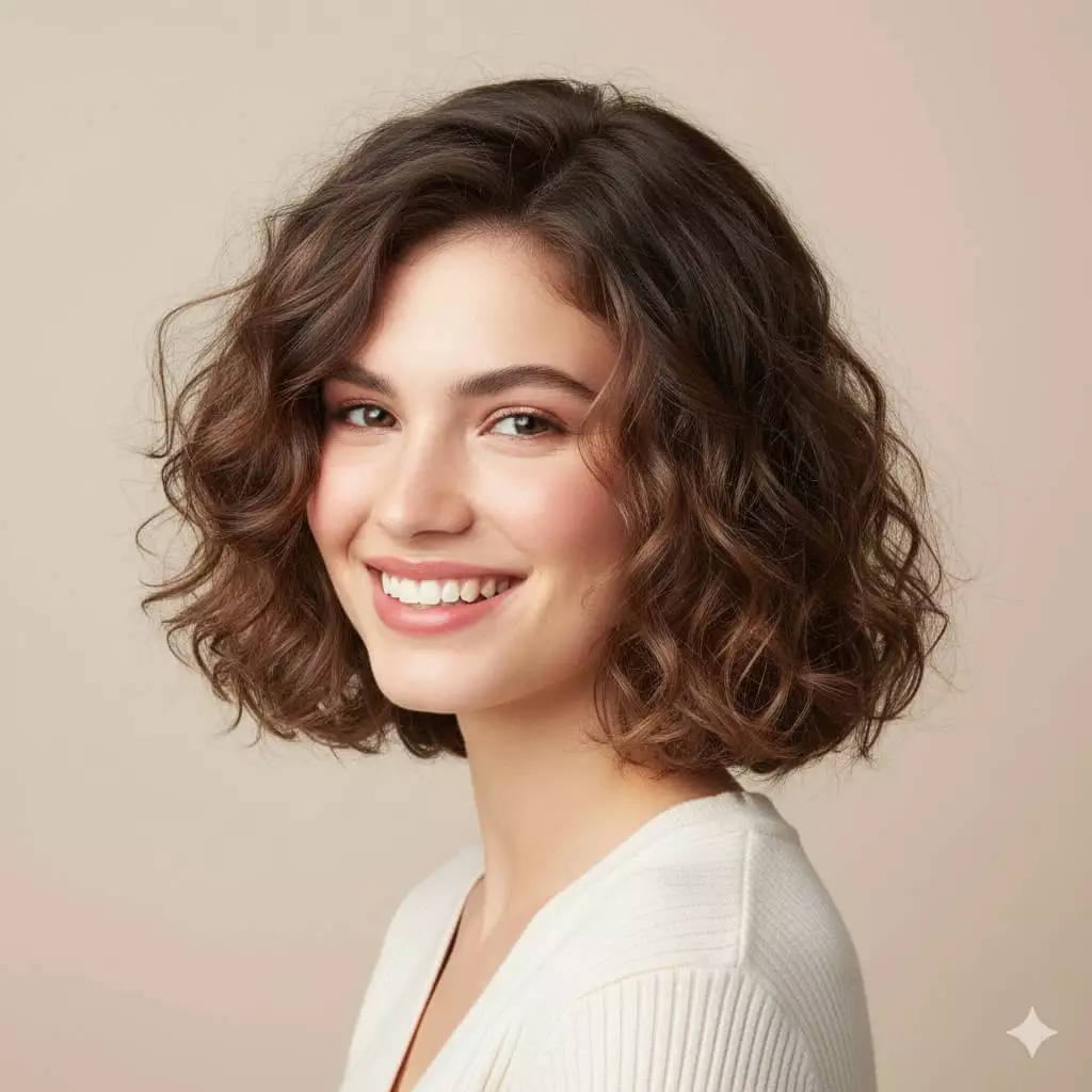 Joyful portrait of a woman with soft 2C-3A wavy-curly hair in a shoulder-grazing soft curly bob hairstyle, featuring light internal layering for gentle movement, natural face-framing tendrils, defined loose waves blending into tighter curls at ends, balanced volume and lightweight texture creating an effortless romantic and bouncy look.