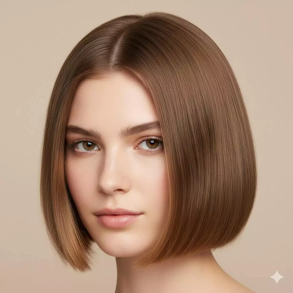 Close-up portrait of a young woman with fine straight light brown hair styled in a precise chin-length textured blunt bob for 2026 trends,
featuring invisible internal ghost layers for subtle movement, strong sharp perimeter line creating maximum thickness illusion,
elevated root lift at crown, and micro-textured ends for softness without thinning, resulting in dramatically denser and voluminous
appearance against a soft neutral studio background.