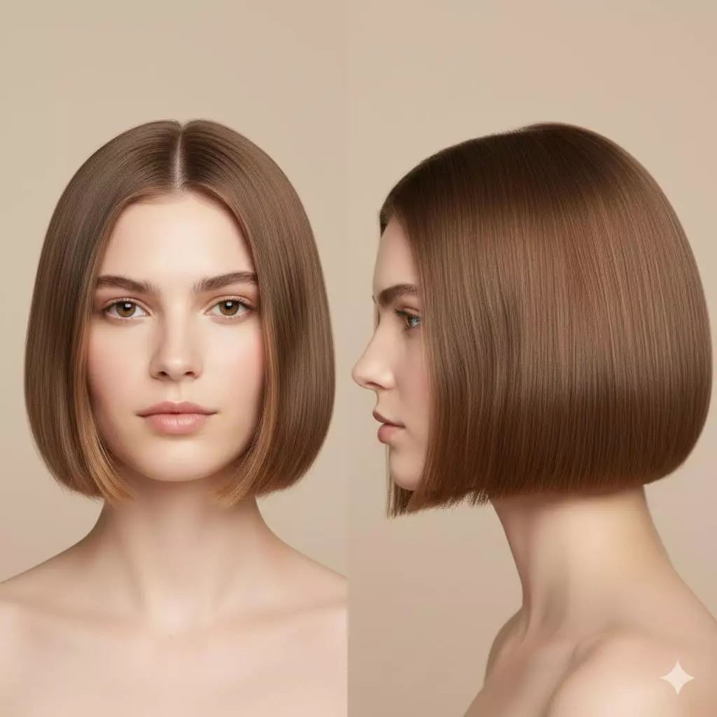 Side and front view of a woman with fine straight blonde hair in a sharp chin-length blunt bob for 2026,
strong clean perimeter line with completely invisible internal layers creating dramatic 2x thicker optical illusion,
elevated root volume, and precise geometric ends on low-density thin hair for maximum density and fullness in soft studio lighting.