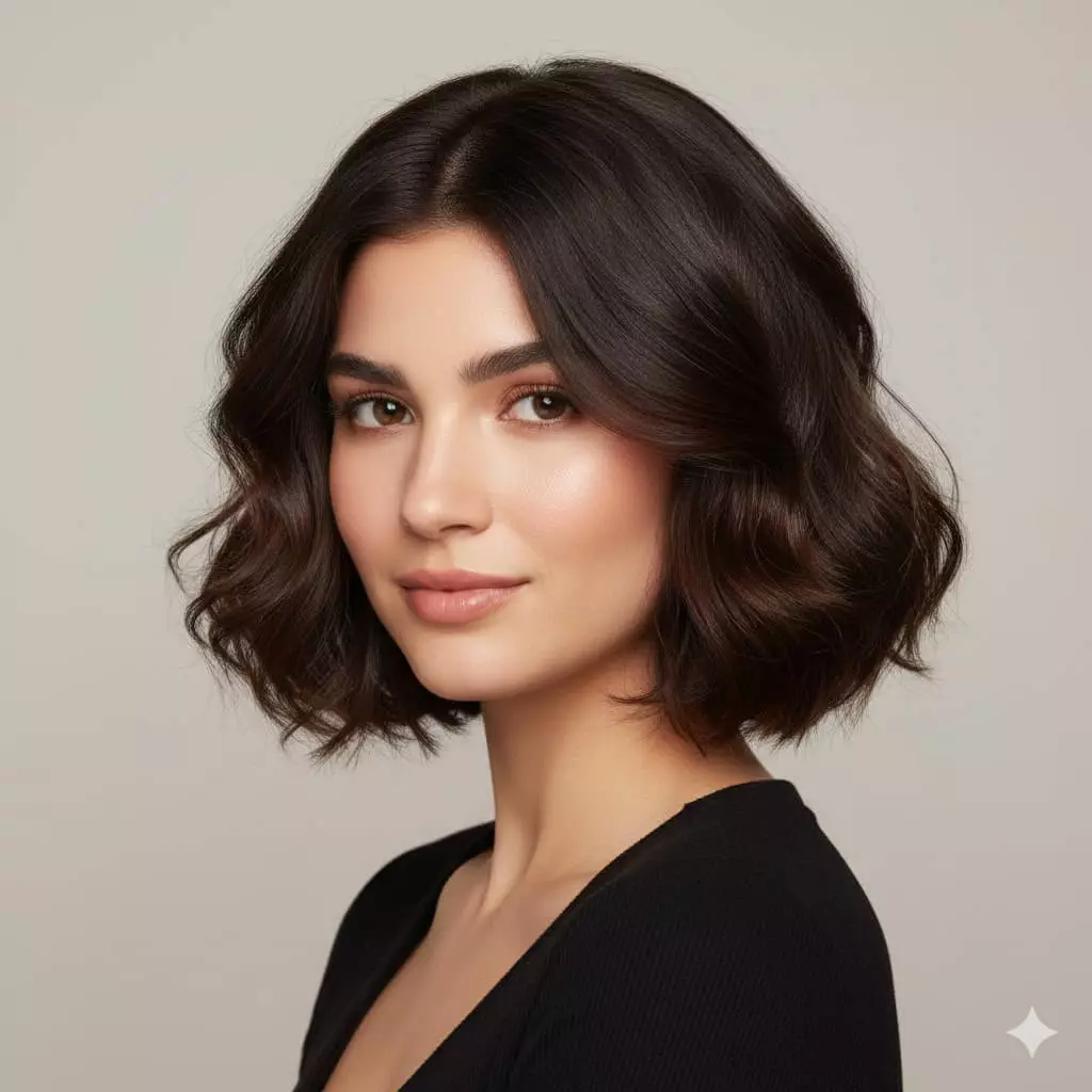 Portrait of a young woman with fine wavy dark brown hair in the trending 2026 butterfly bob, jaw-length cut with soft outward-flipped layered ends resembling butterfly wings, subtle internal ghost layers adding width and movement illusion, maximum crown height and bouncy volume transforming flat low-density hair into fuller vibrant style with natural shine.