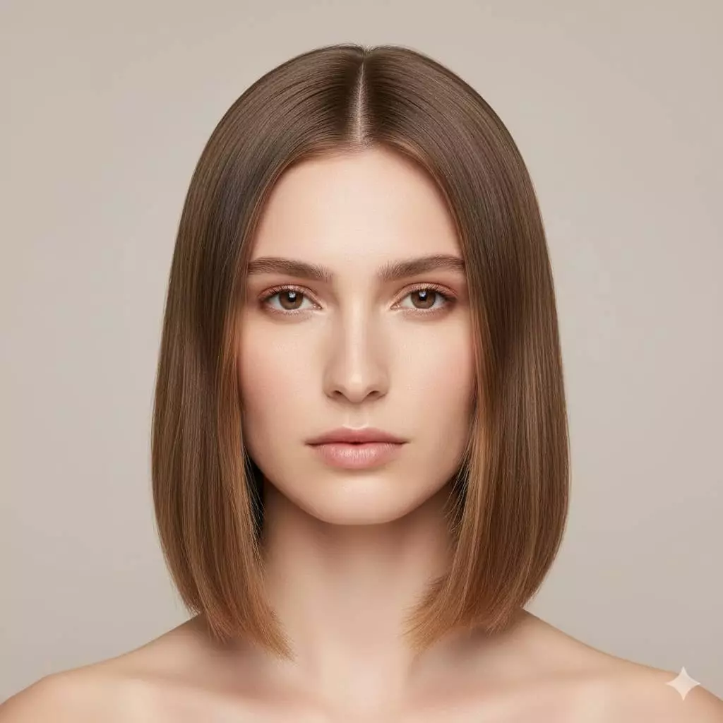 Woman with fine light brown hair in a collarbone-length invisible layered lob for 2026, completely hidden ghost internal layers adding subtle movement and crown lift, strong blunt perimeter line maintaining thickness and density illusion, soft textured ends preventing flatness while allowing slight extra length on low-density hair.