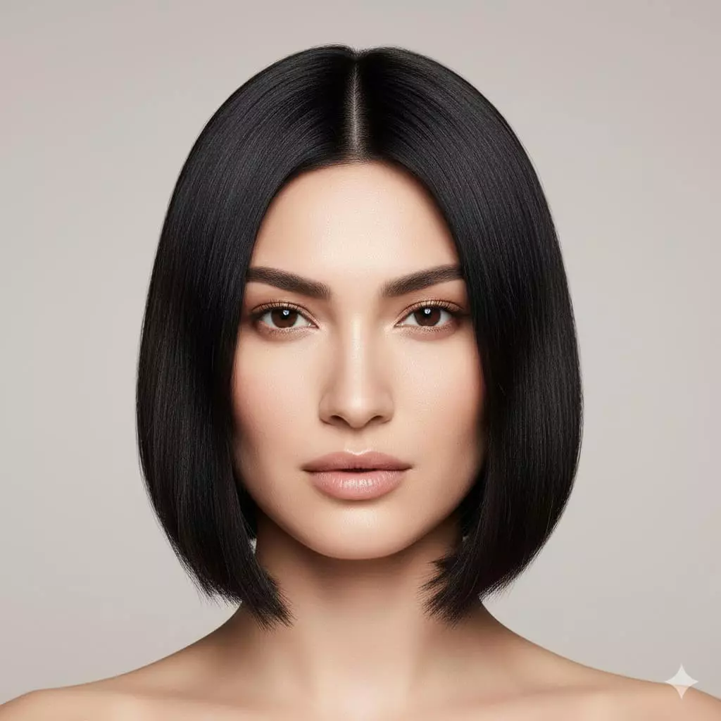 Front portrait of a woman with fine straight jet-black hair in an ultra-shiny glass bob for 2026 trends, pin-straight blunt chin-length cut with mirror-like reflective high-gloss finish, minimal invisible layering preserving maximum thickness, creating optical illusion of triple density on thin fine hair with razor-sharp lines and sophisticated polish.