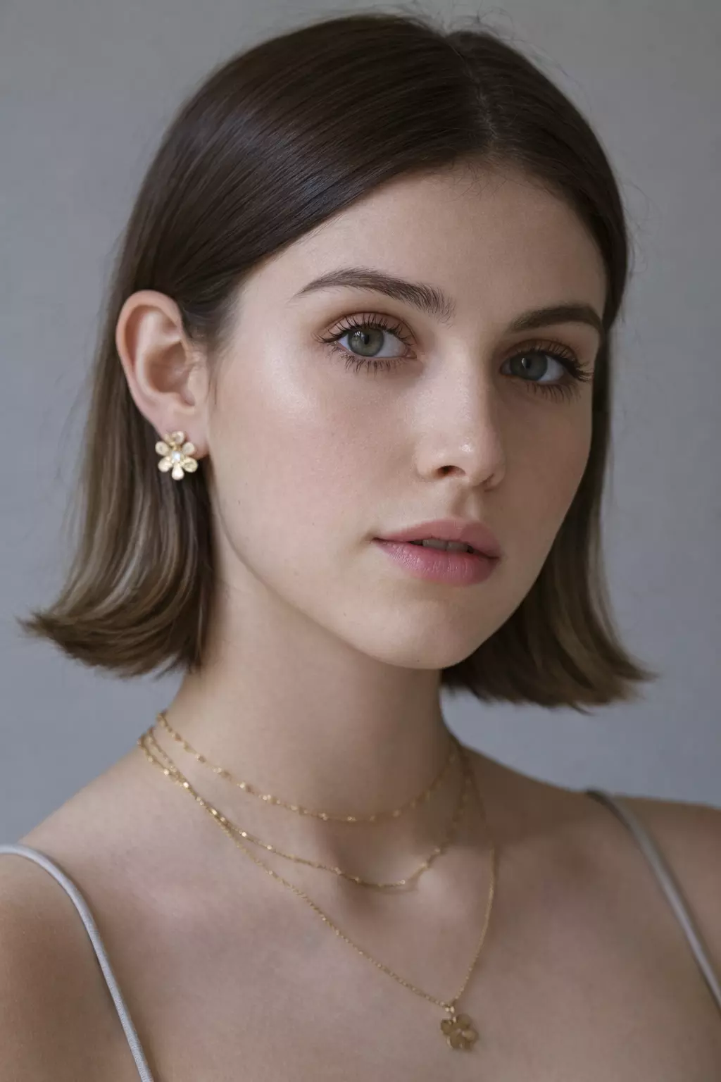 Flipped bob hairstyle structure 2026 with subtle outward flipped ends on medium straight hair, showing face-framing contour and smooth perimeter