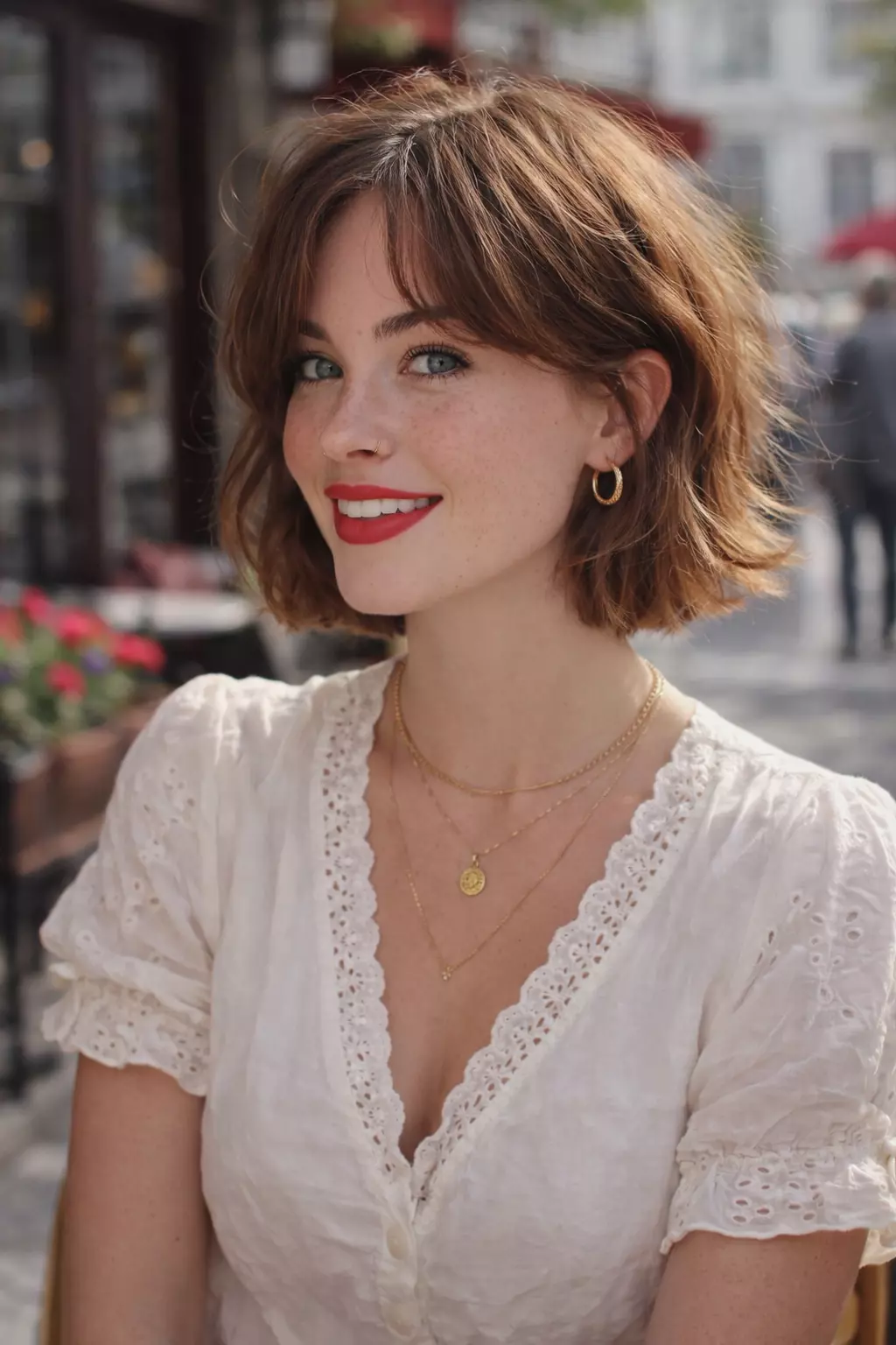 Layered bob structure 2026 with flip-through outward ends on medium wavy hair, showing airy layers and cheekbone contour