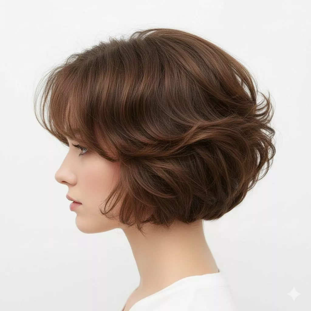 Inverted fluffy bob haircut featuring extra lift at the back and voluminous crown.