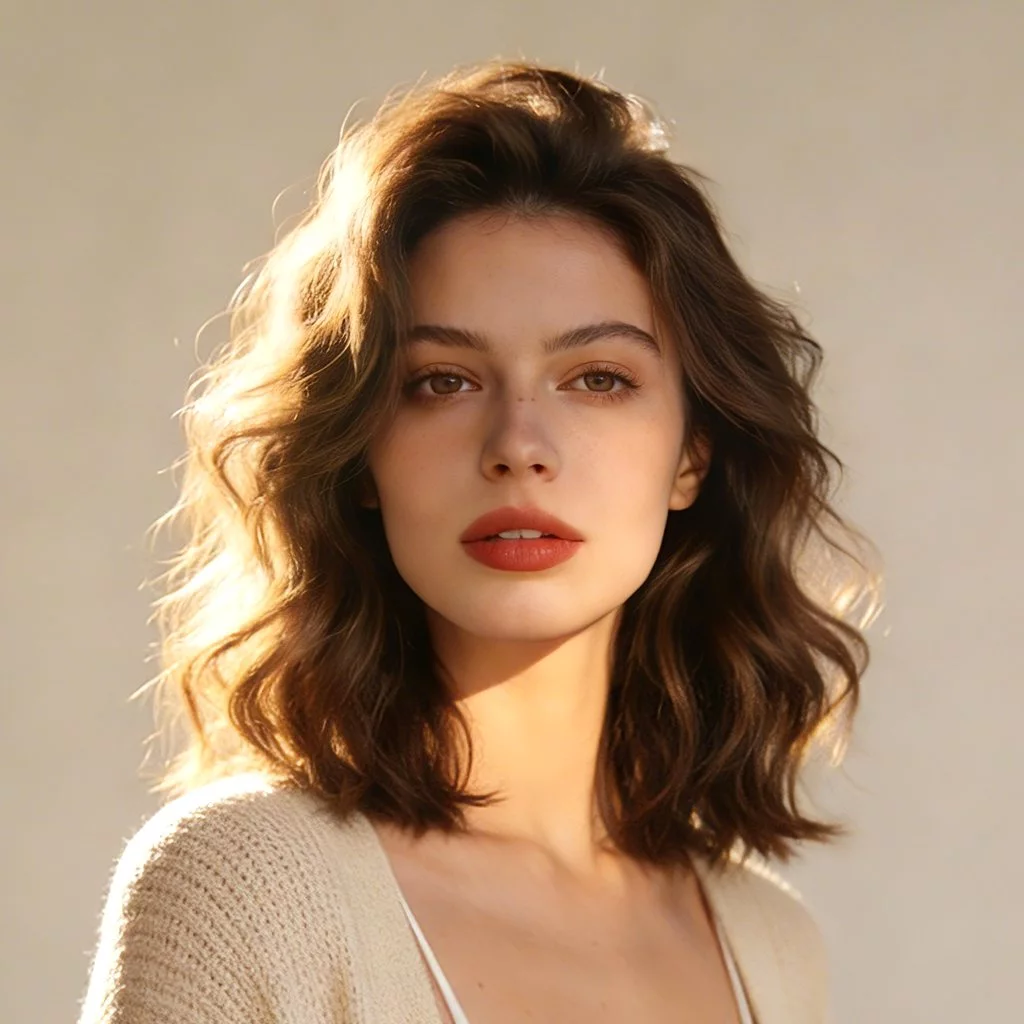Long fluffy lob haircut showing soft shoulder-length movement and airy texture.