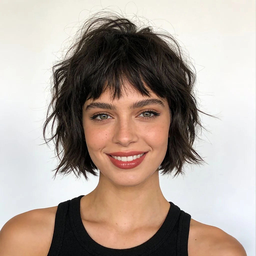 Short fluffy bob haircut with playful, youthful volume and textured ends.