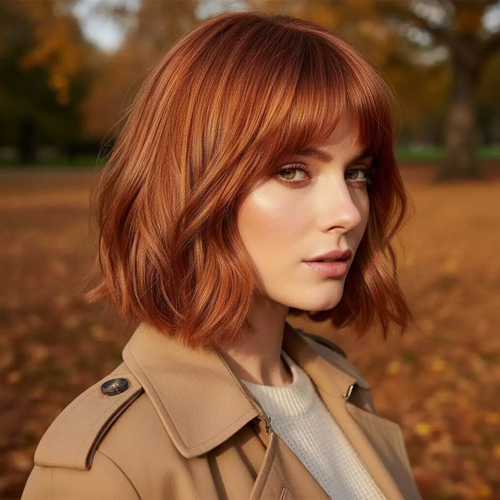 Copper ginger French bob haircut 2026 warm vibrant tone with textured fringe