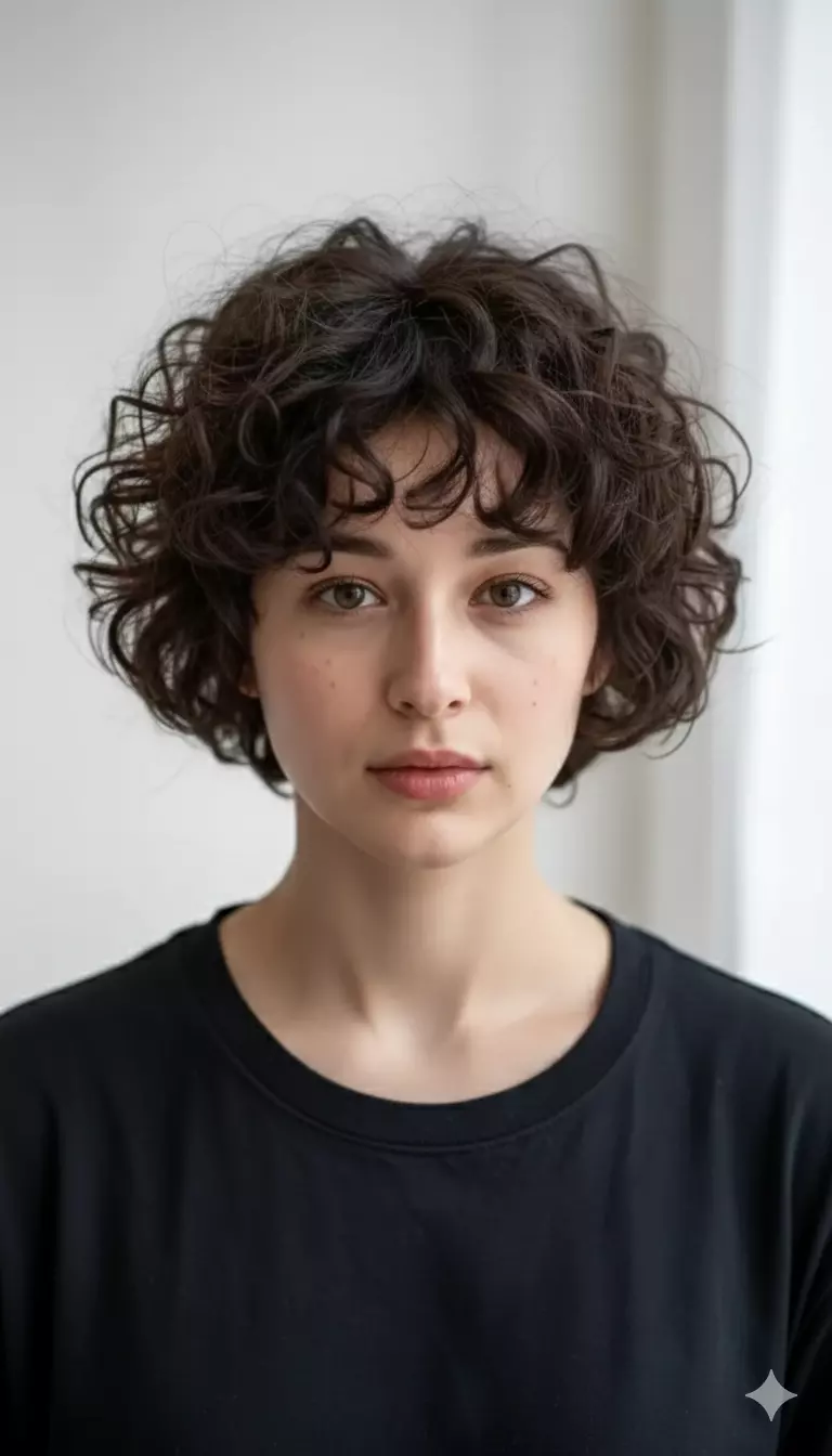 Curly inverted bob haircut with graduated stacking that supports curl shape, controlled volume, and a rounded silhouette.