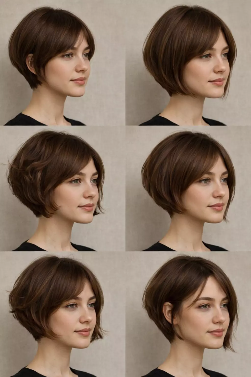 AI virtual try-on preview showing short, medium, long, curly, bangs, and asymmetrical inverted bob variations on the same face.