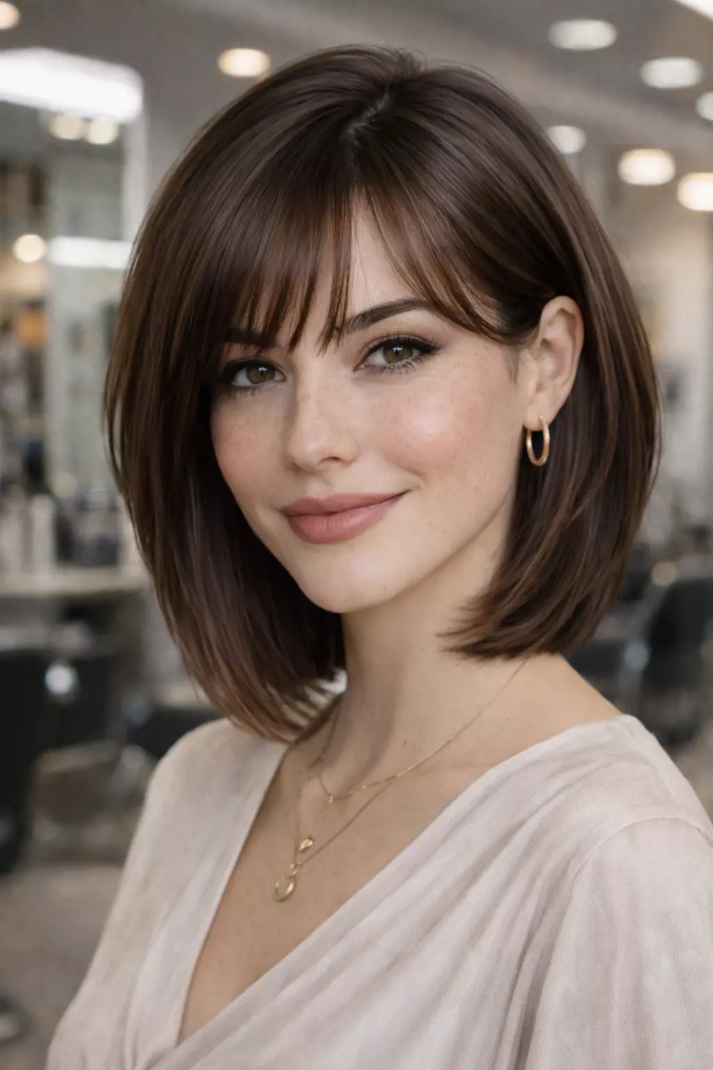 Inverted bob haircut with bangs featuring angled front pieces, blended fringe, and stacked crown volume.