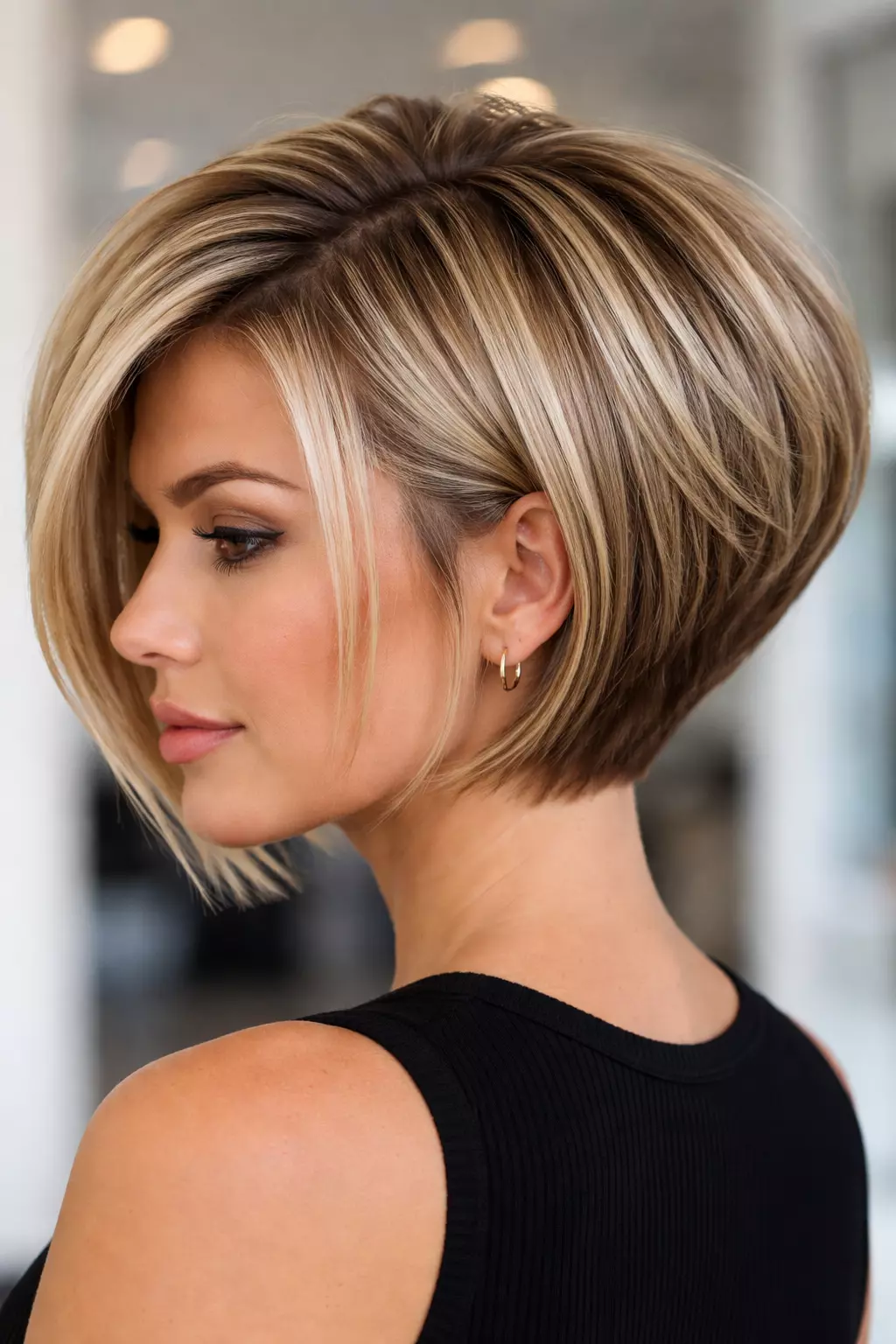Inverted bob haircut for fine or thin hair with stacked layers for root lift, strong perimeter, and the illusion of density.