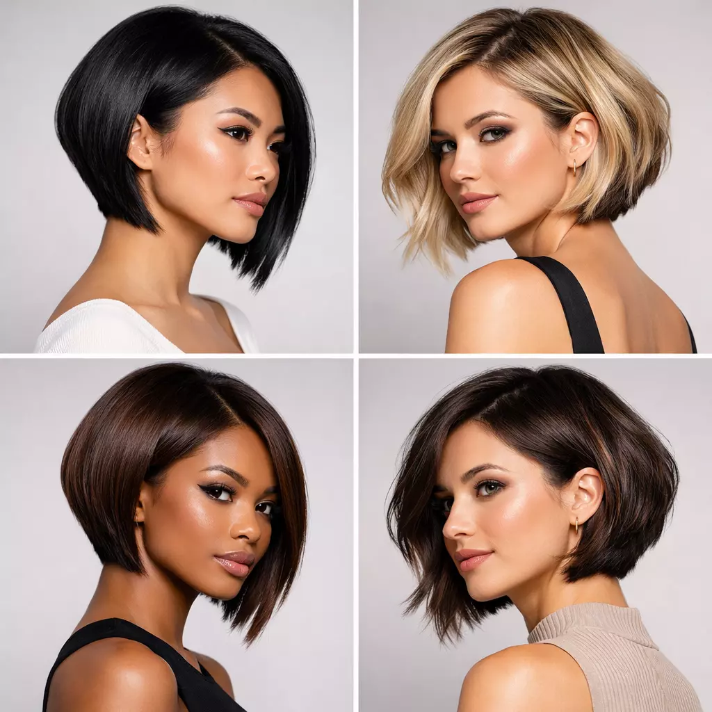 Inverted bob haircut 2026 with stacked graduated layers at the back, angled longer front pieces, modern salon finish, and natural crown volume.