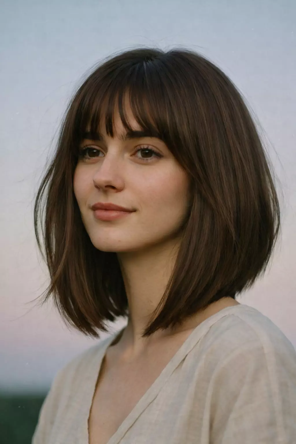 Long inverted bob haircut with smooth graduated stacking at the back and shoulder-length angled front, elegant lob-inspired silhouette.