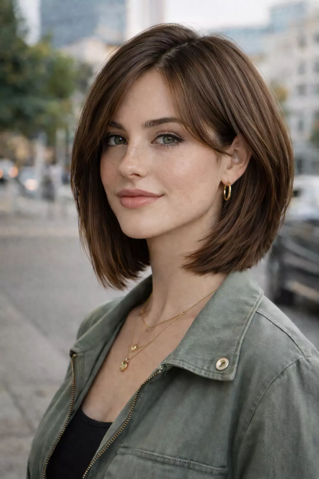Medium length inverted bob haircut with soft stacked layers, balanced proportions, and an everyday wearable finish.