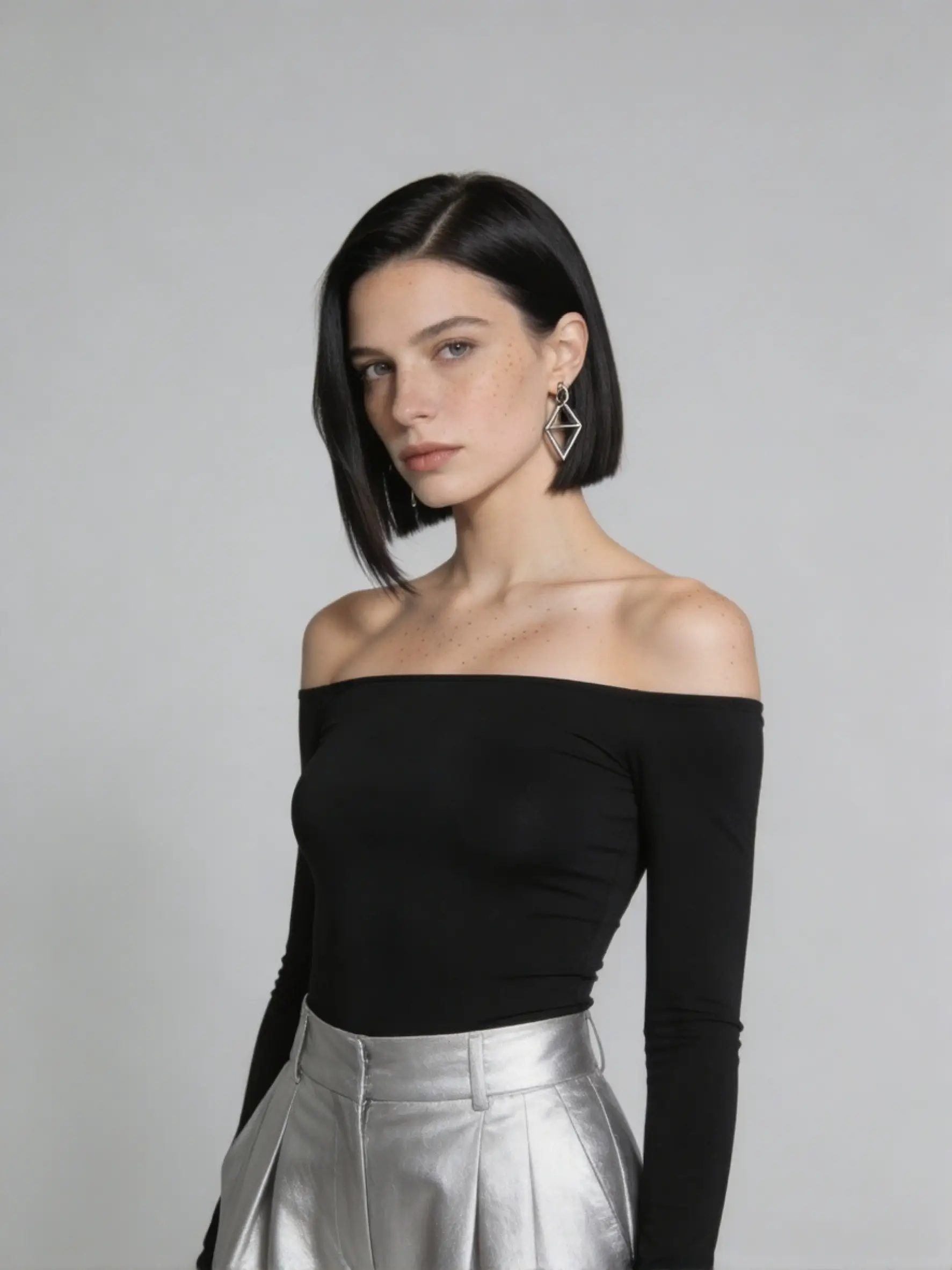 Asymmetrical Italian bob haircut 2026 with subtle 5–15mm length difference, blunt ends, sleek side part, jawline face-framing angle, studio salon portrait 3/4 view on straight medium hair