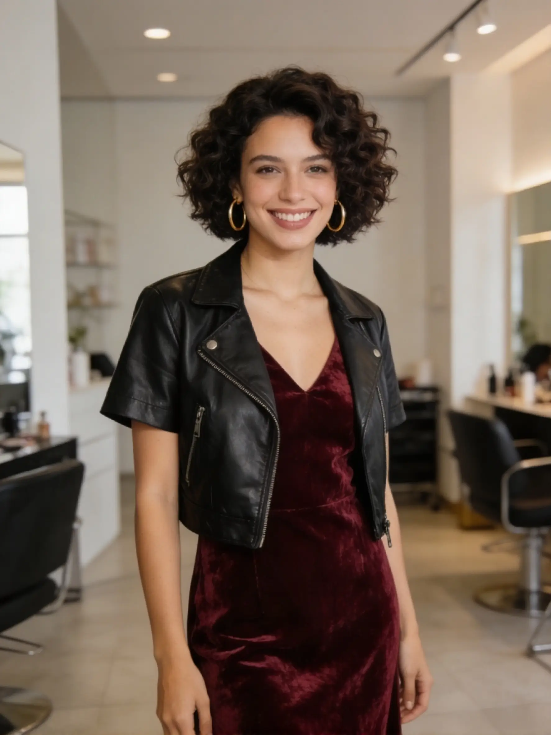 Curly Italian bob haircut 2026 with rounded shape, balanced layers for bounce, controlled width at sides, defined curl pattern, studio salon portrait 3/4 angle on naturally curly hair