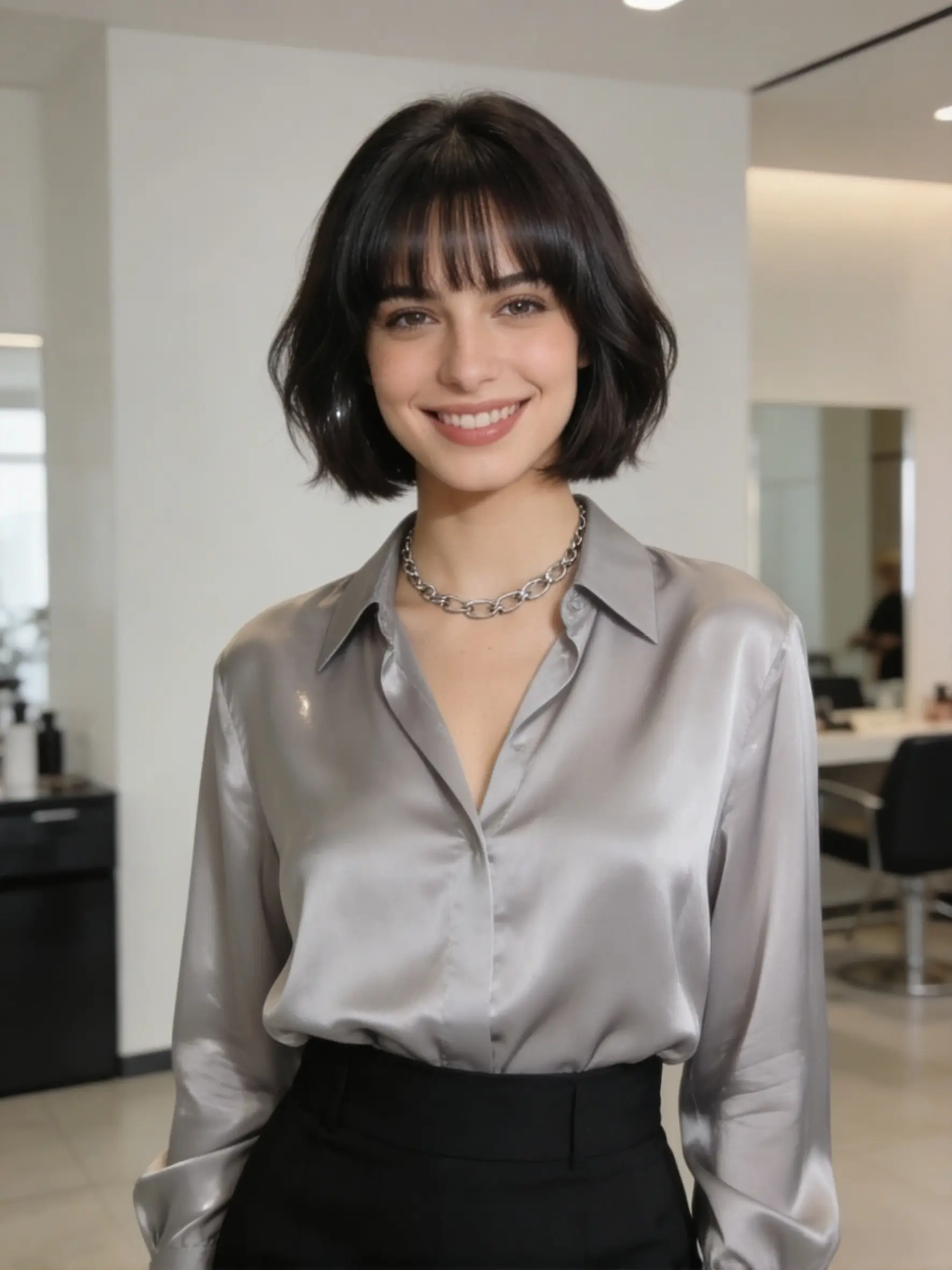 Italian bob with bangs 2026 with eyebrow-grazing wispy fringe, curtain-bang blend into cheekbone layers, rounded volume, glossy finish, studio salon portrait front view on medium-density hair