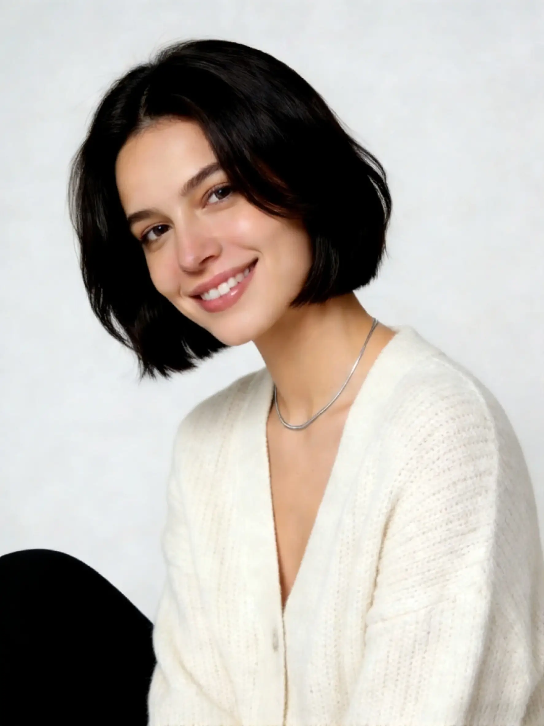 Classic Italian bob haircut 2026 with jaw-to-chin length, rounded side volume, blunt-to-soft perimeter, subtle inward bend, cheekbone face-framing, studio salon portrait front + 3/4 angle on medium-thick hair