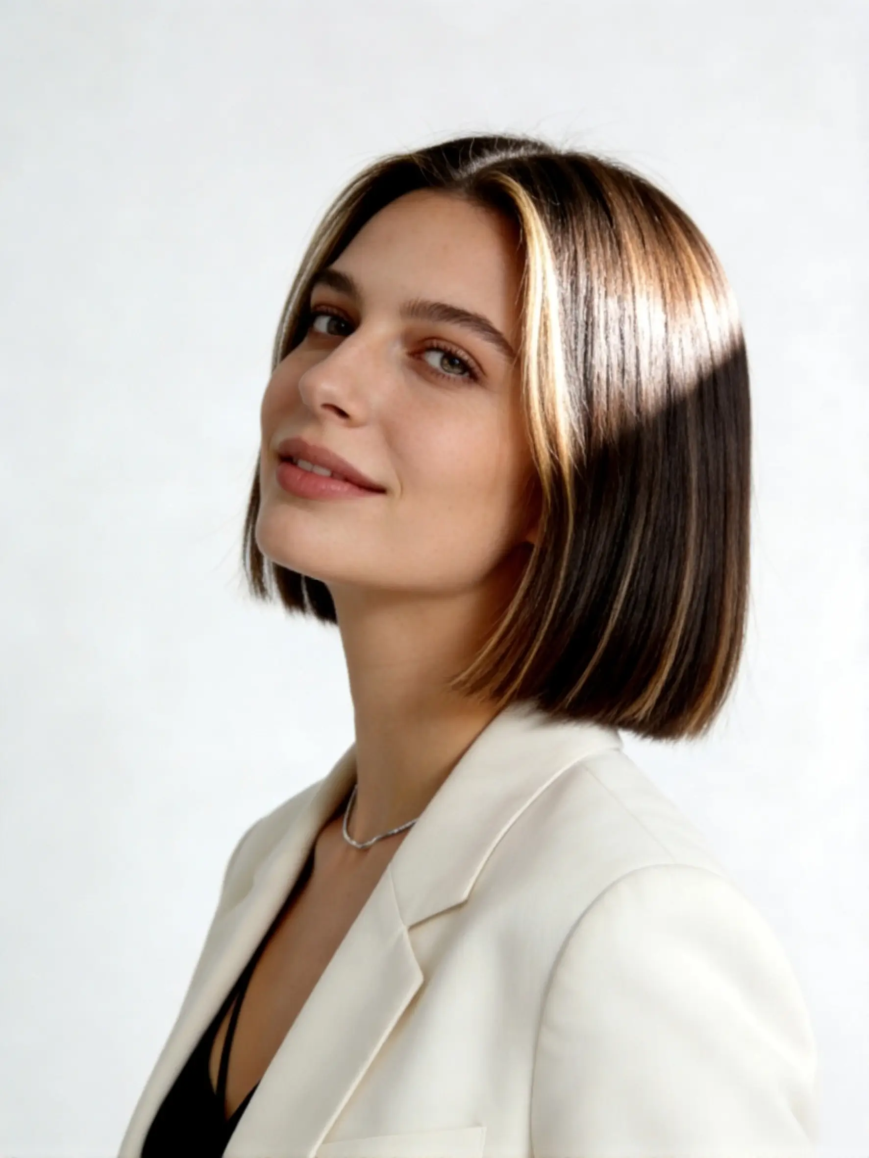 Italian bob for fine hair 2026 with subtle crown lift, weight-preserving blunt base, minimal thinning, soft inward ends, studio salon portrait side profile angle on fine straight hair