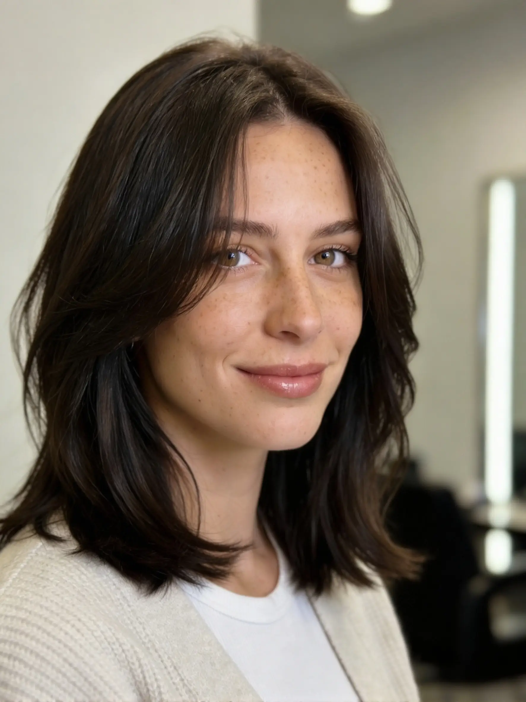 Long Italian bob haircut 2026 collarbone length with soft volume at sides, slightly longer front, airy internal layers, glossy blowout, studio salon portrait 3/4 angle on thick wavy hair