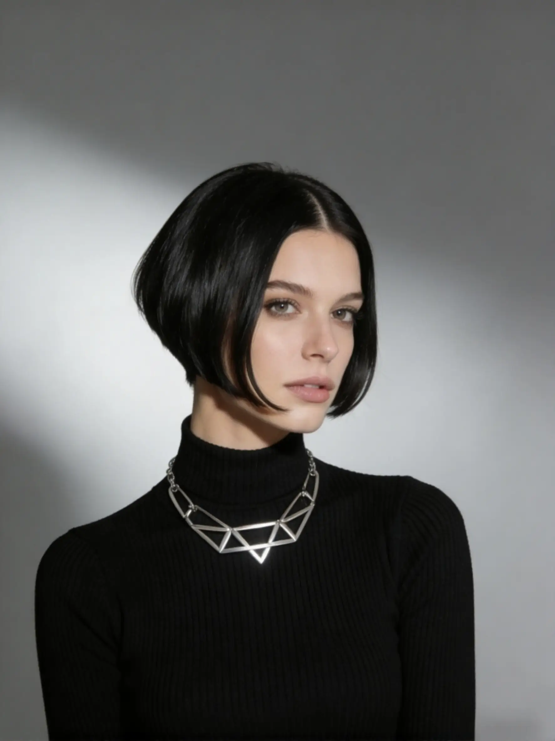 Short Italian bob haircut 2026 neck-length with clean neckline, internal crown lift, blunt ends with soft bend, glossy finish, studio salon portrait side angle on thick straight hair