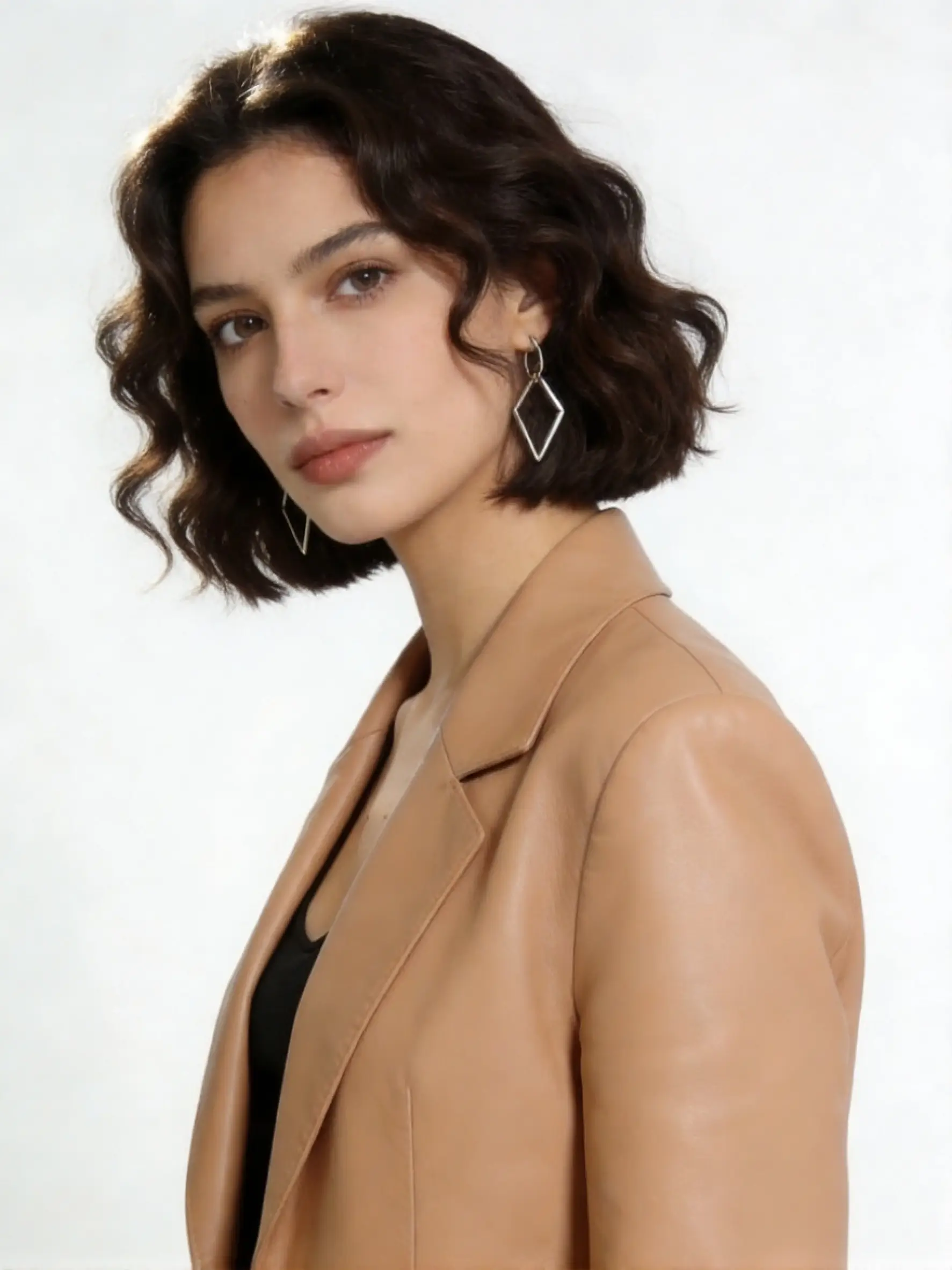 Wavy Italian bob haircut 2026 with soft S-waves, rounded silhouette, low-frizz glossy texture, face-framing at jawline, studio salon portrait 3/4 angle on medium-thick hair