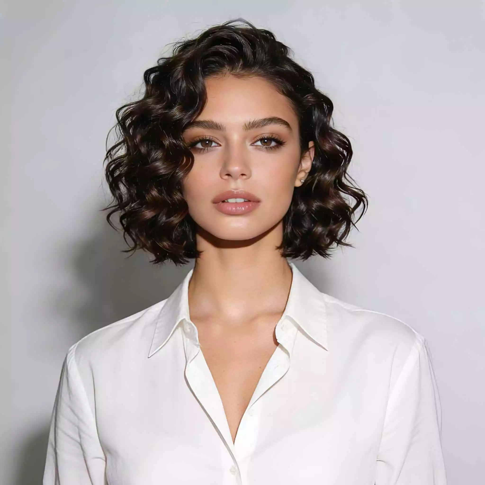 Curly layered bob haircut, defined curls, balanced volume and round shape