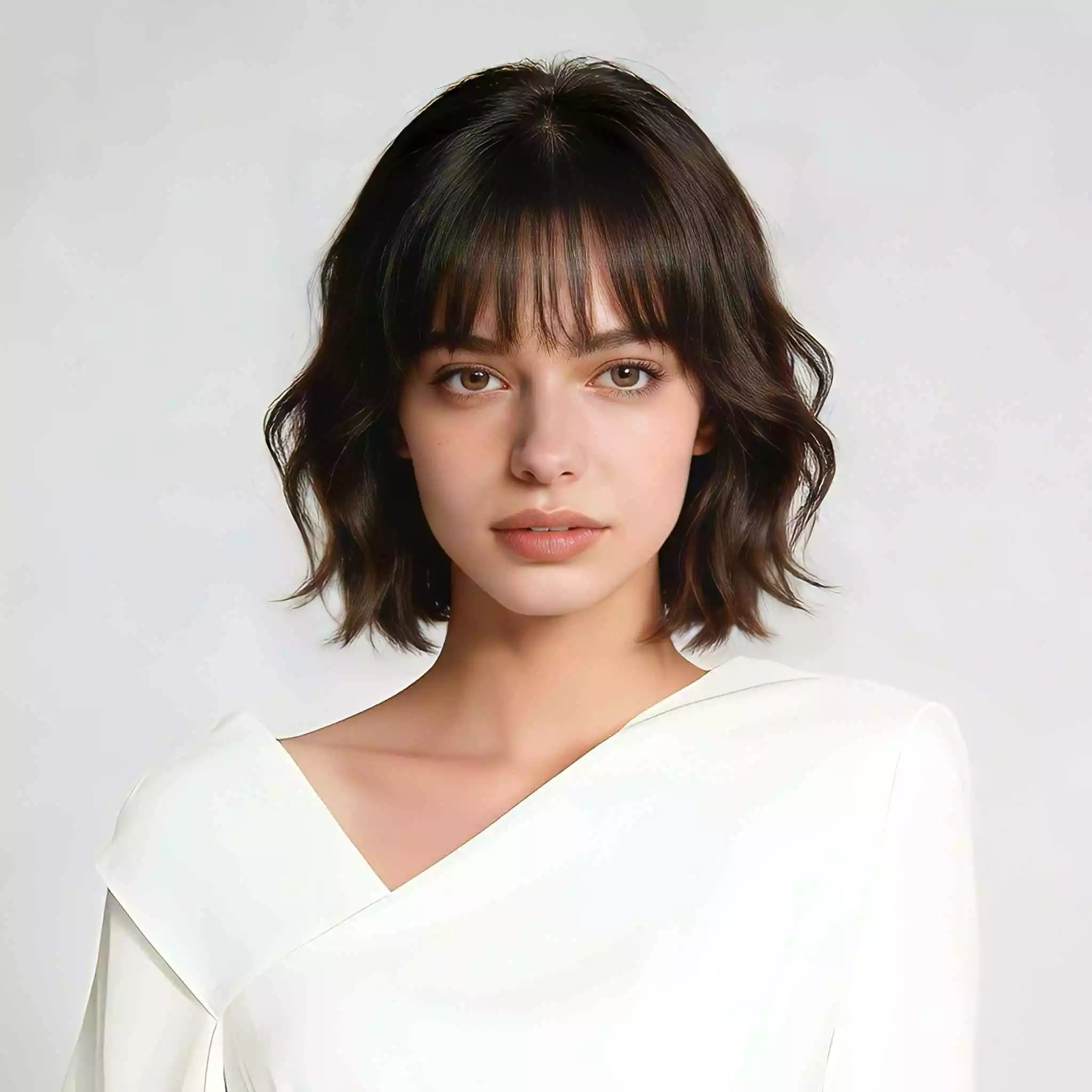 Layered bob with bangs, front view, fringe blending into face-framing layers