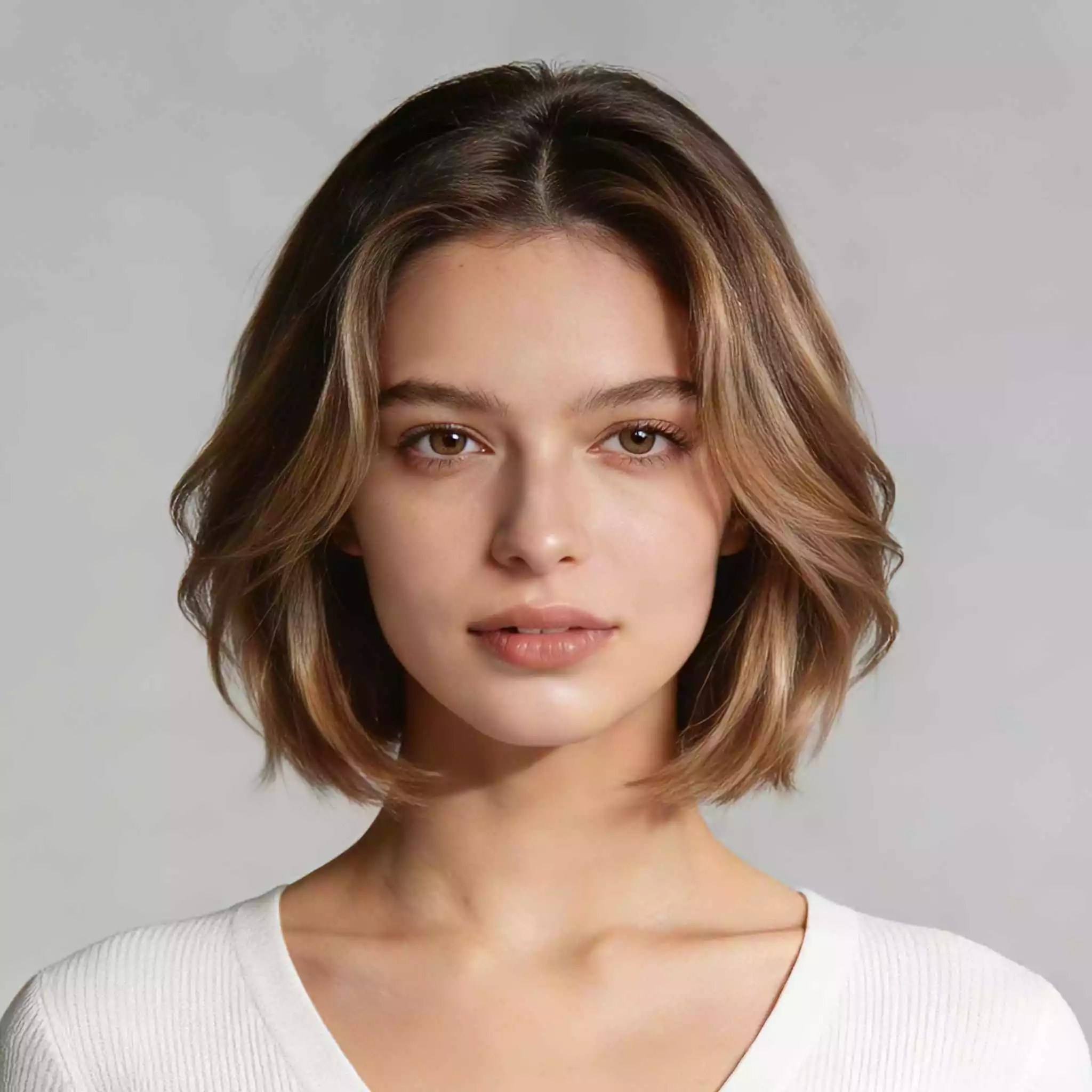 Soft layered bob haircut, smooth finish, blended layers, polished shape