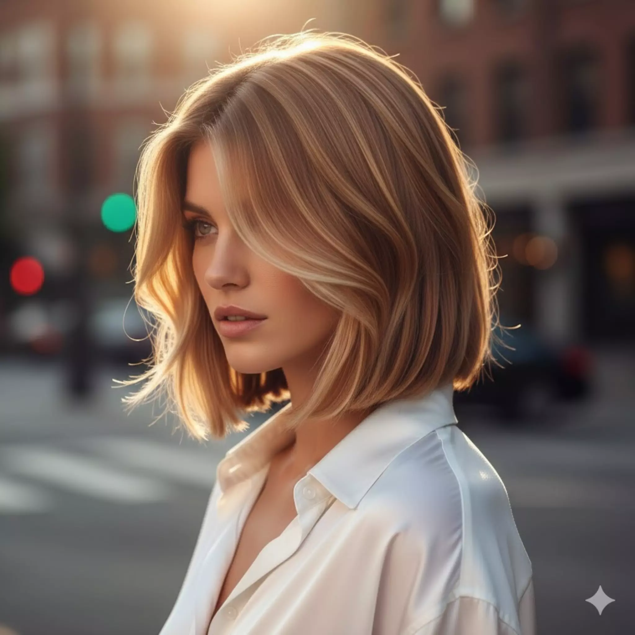 Blonde woman with long bob hairstyle, soft waves, wearing a white shirt, standing on a city street with a blurred background of buildings and lights