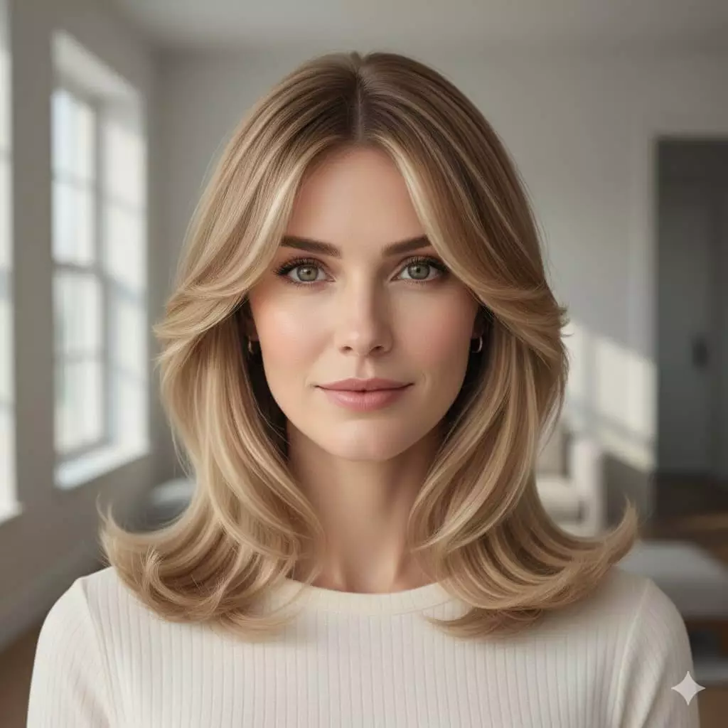 Lob with curtain bangs on soft waves