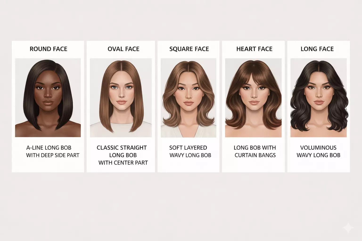 Lob haircut variations on different face shapes