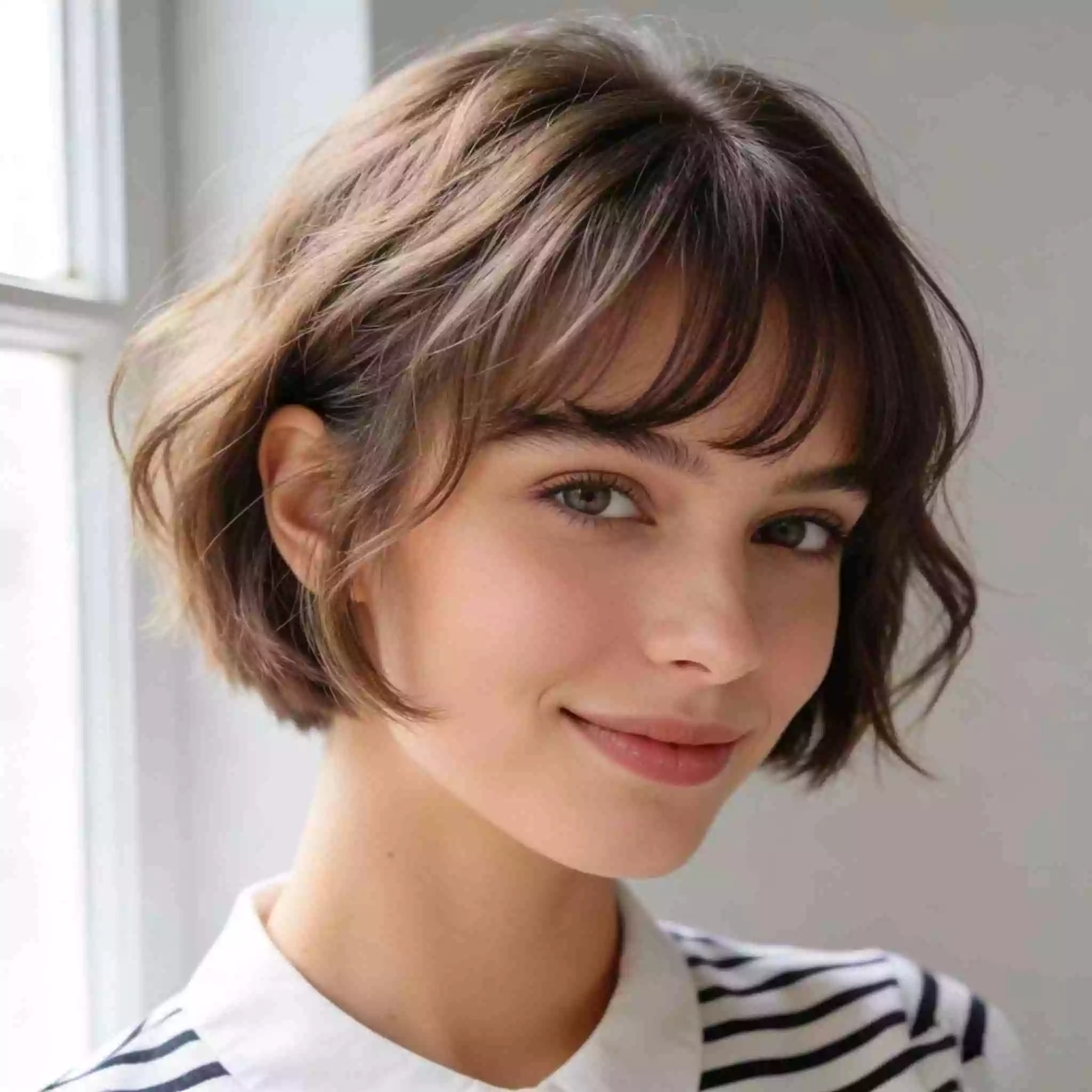 alt=French-inspired micro bob with soft edges and short fringe French-inspired micro bob with soft edges and short fringe
